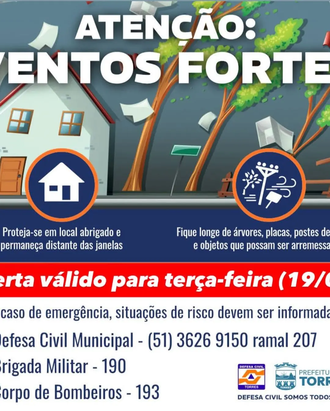 Defesa Civil Alerta para Ventos Fortes em Torres nesta Terça-feira (19 de Agosto)