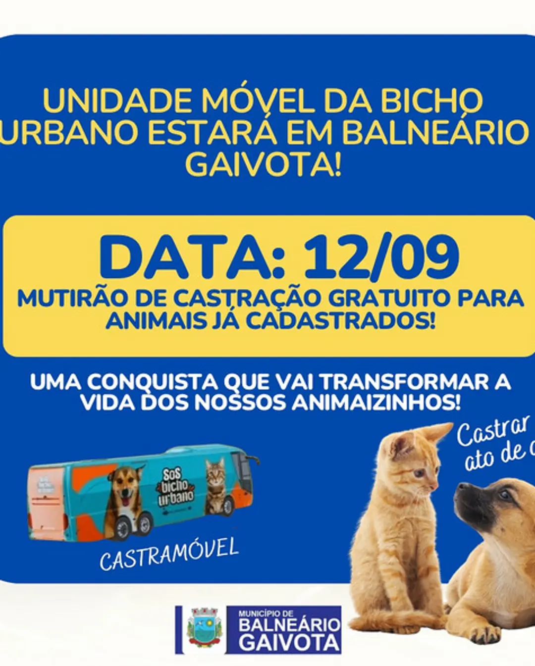 Balneário Gaivota promove 2º Mutirão Gratuito de Castração para Cães e Gatos