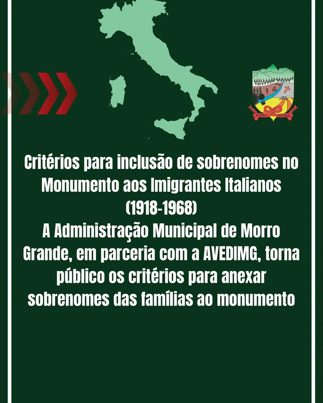 Morro Grande homenageia famílias italianas: critérios para o Monumento aos Imigrantes são divulgados
