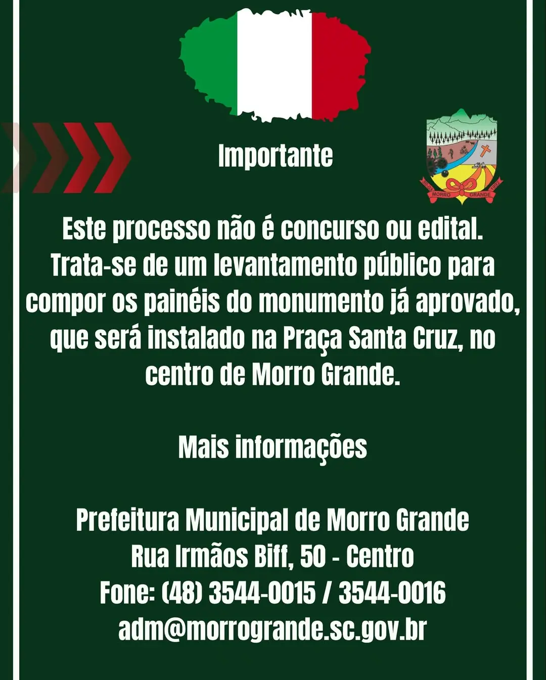 Morro Grande homenageia famílias italianas: critérios para o Monumento aos Imigrantes são divulgados