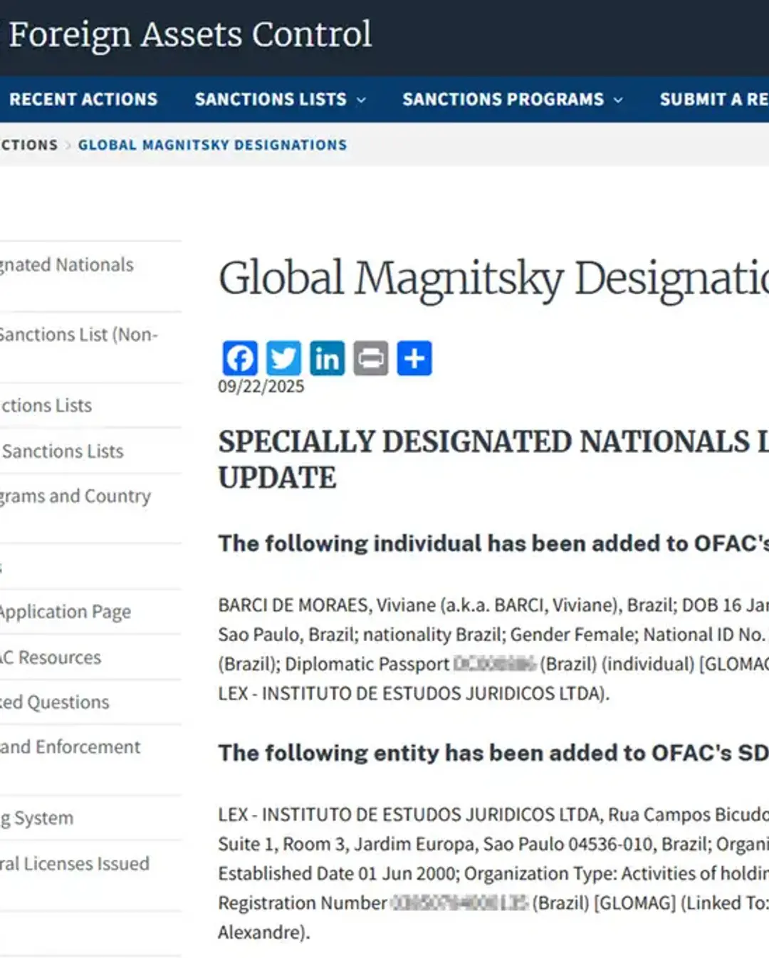 Lei Magnitsky: Esposa de Alexandre de Moraes e Instituto Lex Sancionados nos EUA