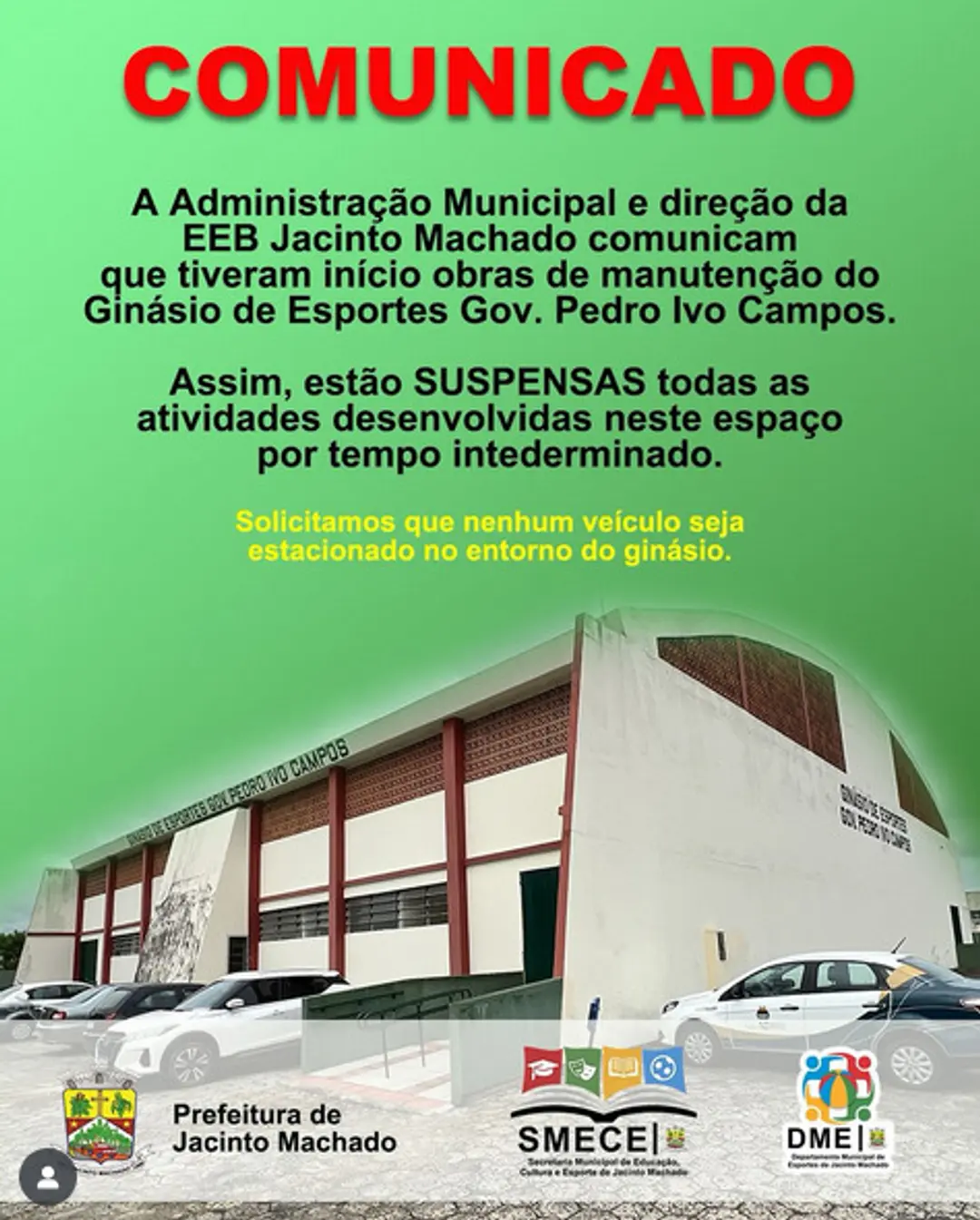Atenção, Moradores de Jacinto Machado: Ginásio de Esportes Pedro Ivo Campos Temporariamente Fechado para Obras