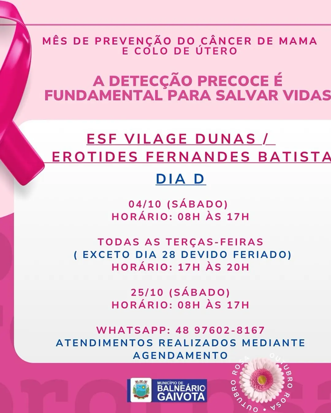 Outubro Rosa em Balneário Gaivota: Mês de Prevenção ao Câncer de Mama e Colo do Útero