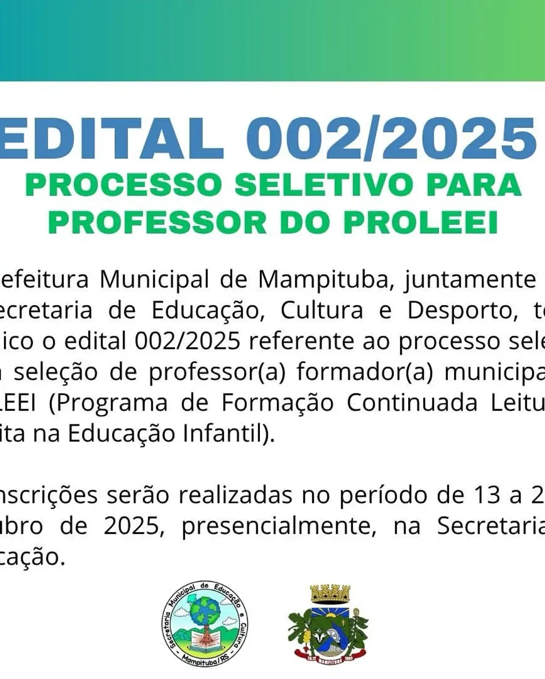 Mampituba Abre Seleção para Professor Formador em Leitura e Escrita Infantil