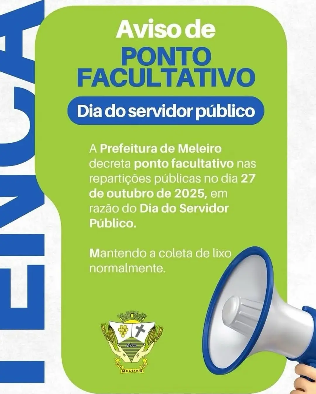 Meleiro terá ponto facultativo para o Dia do Servidor Público em 27 de outubro