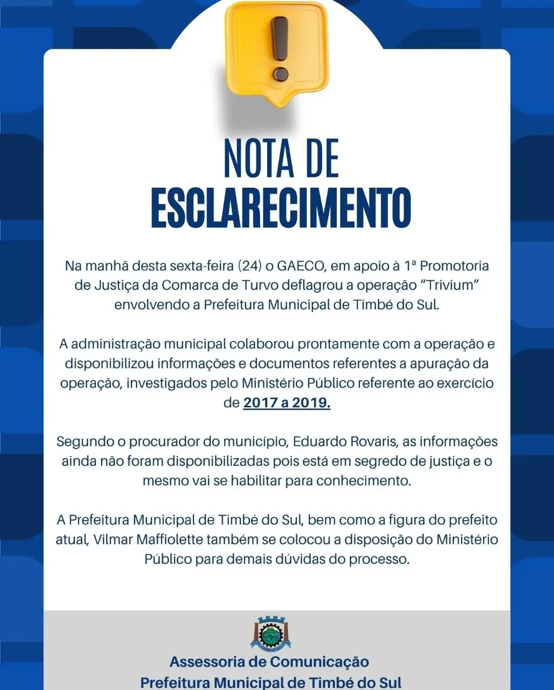 Operação Trivium: Prefeitura de Timbé do Sul Colabora com Investigação do GAECO