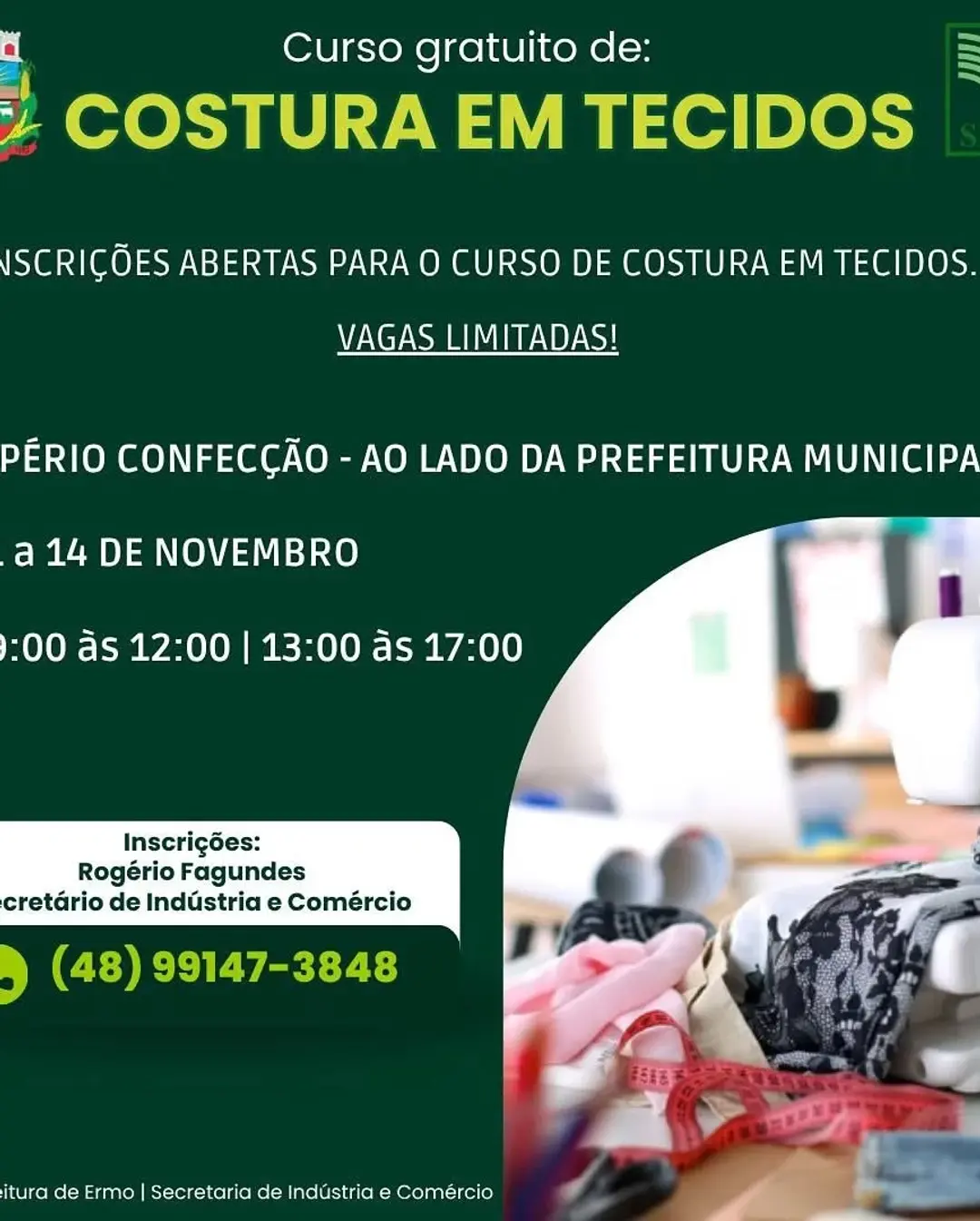 Ermo Oferece Curso Gratuito de Costura em Tecidos em Parceria com o SENAR