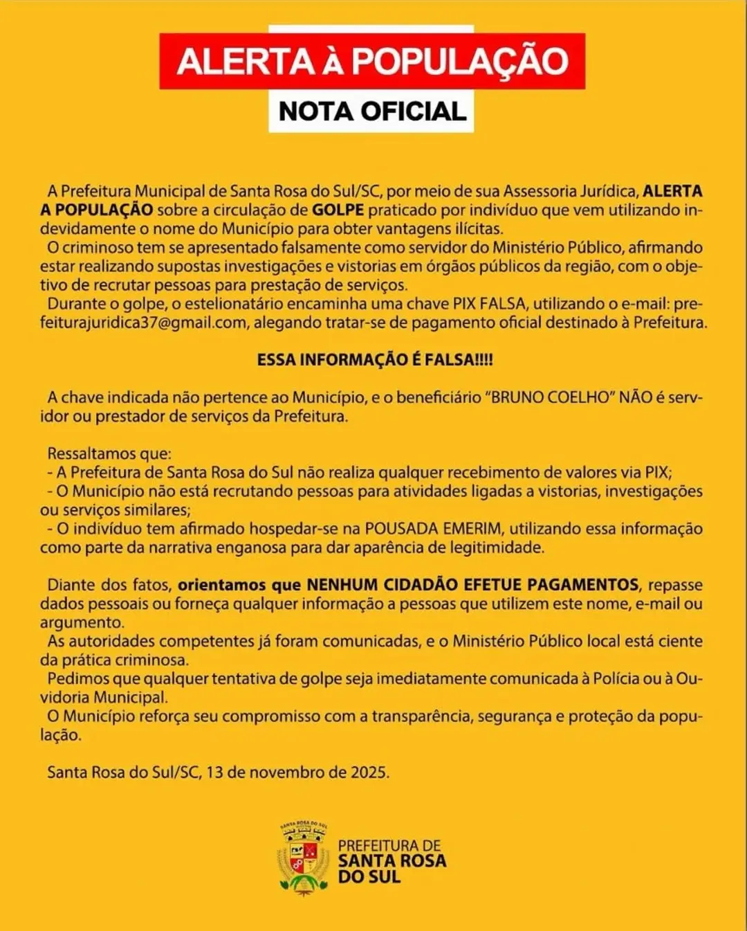 Santa Rosa do Sul Alerta para Golpes Usando o Nome do Município: Fique Atento!
