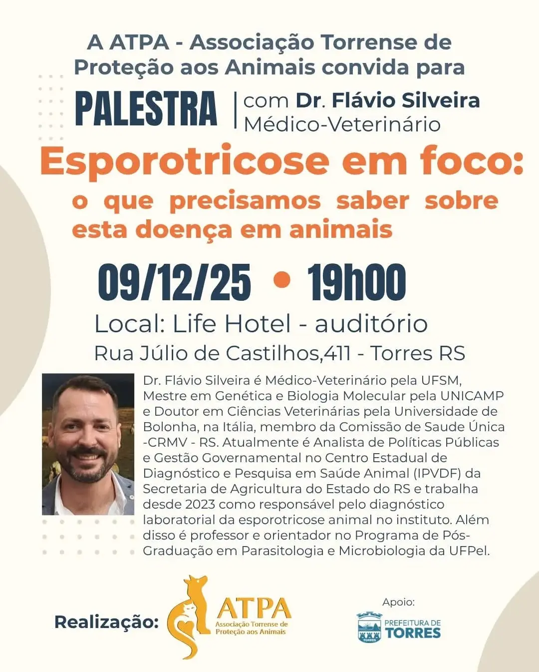 Torres promove palestra sobre esporotricose em animais: saiba como prevenir