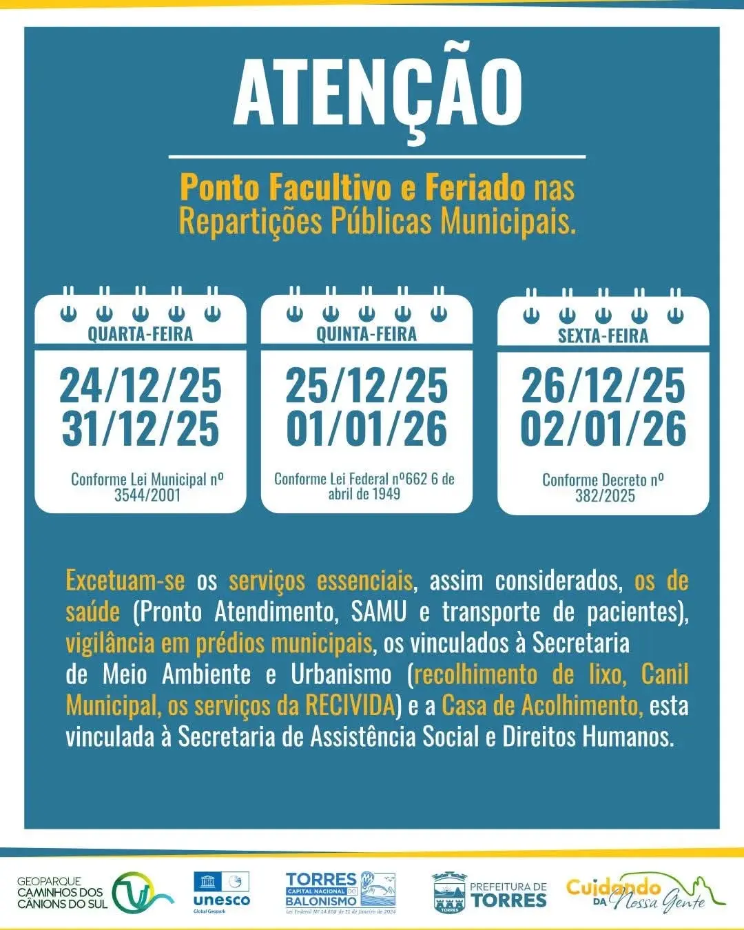 Atenção, Torres! Confira os Pontos Facultativos e Feriados do Final de Ano
