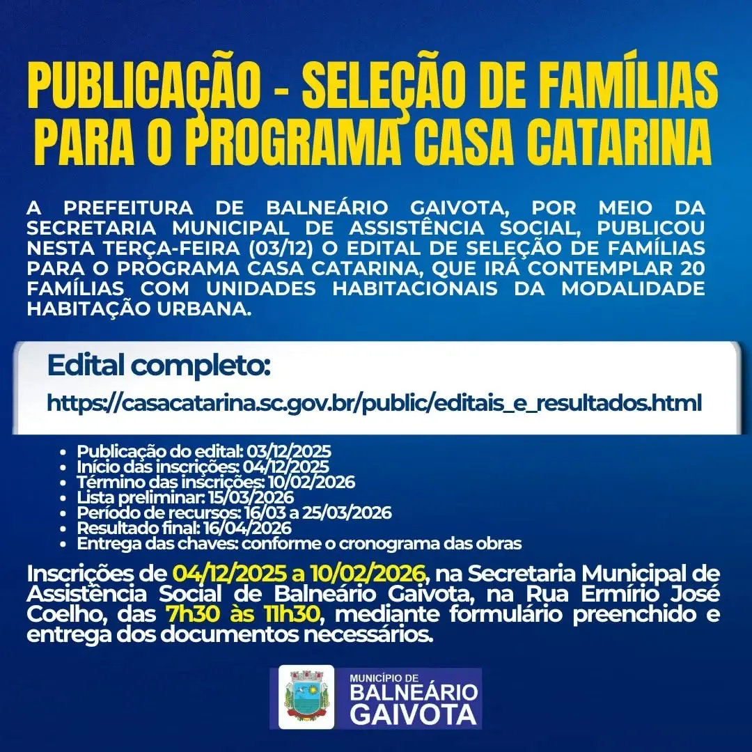 Casa Catarina: Balneário Gaivota abre inscrições para programa habitacional