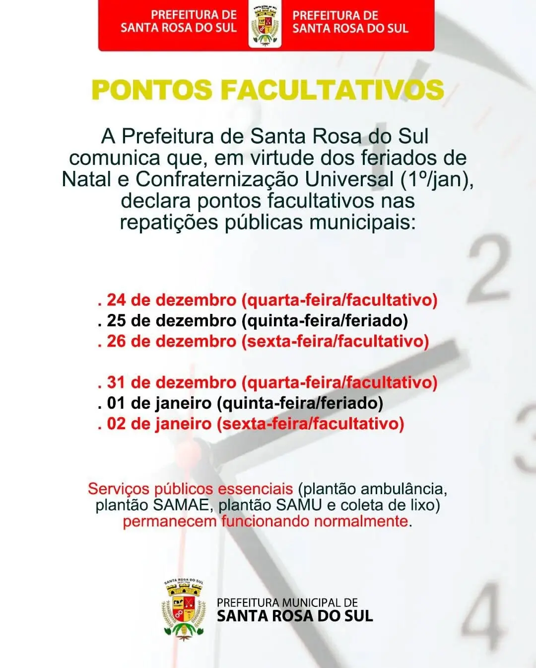 Santa Rosa do Sul terá horários diferenciados em repartições públicas a partir de 22 de dezembro
