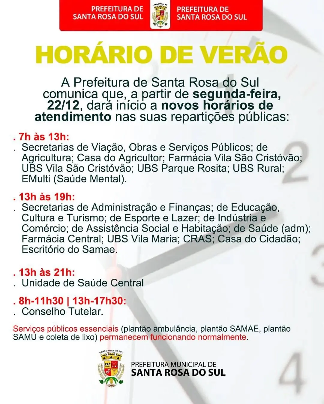 Santa Rosa do Sul terá horários diferenciados em repartições públicas a partir de 22 de dezembro