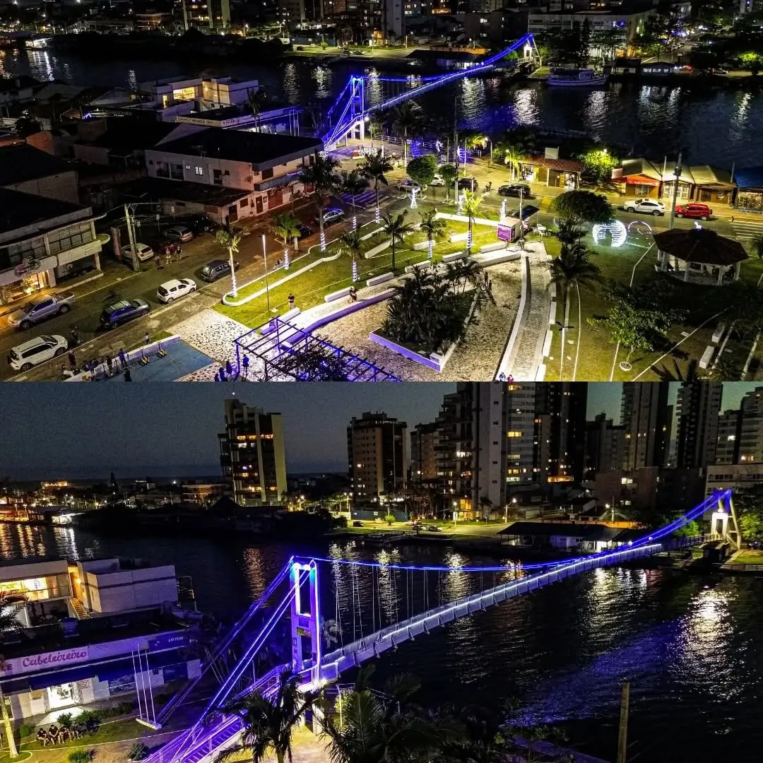Ponte Pênsil de Passo de Torres Brilha no Natal Iluminado e Encanta Visitantes