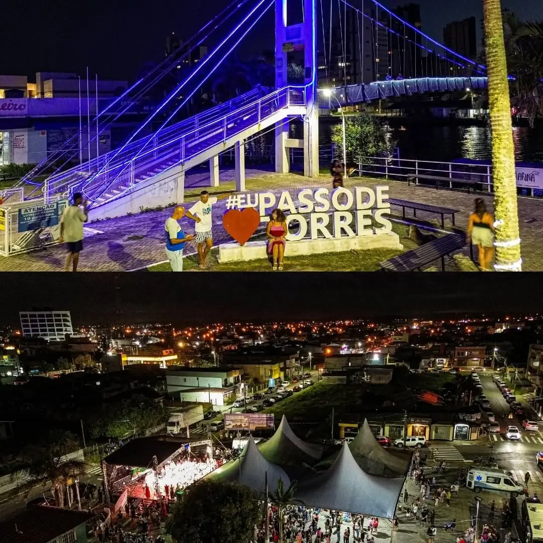 Ponte Pênsil de Passo de Torres Brilha no Natal Iluminado e Encanta Visitantes