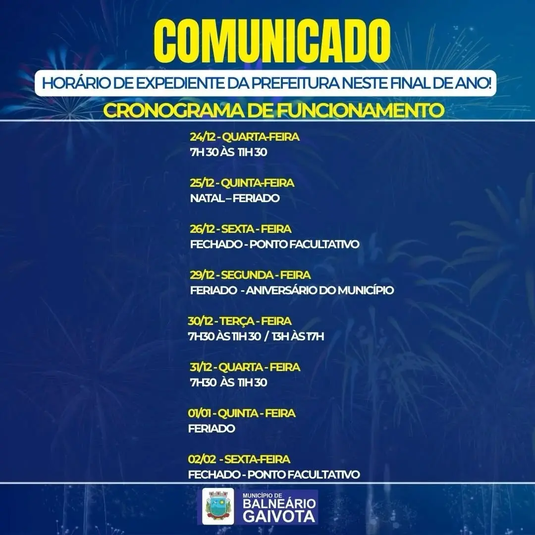 Balneário Gaivota: Horário de Funcionamento dos Serviços Públicos no Fim de Ano