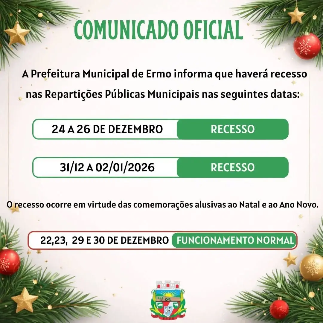 Prefeitura de Ermo Decreta Recesso de Fim de Ano: Saiba os Dias de Funcionamento