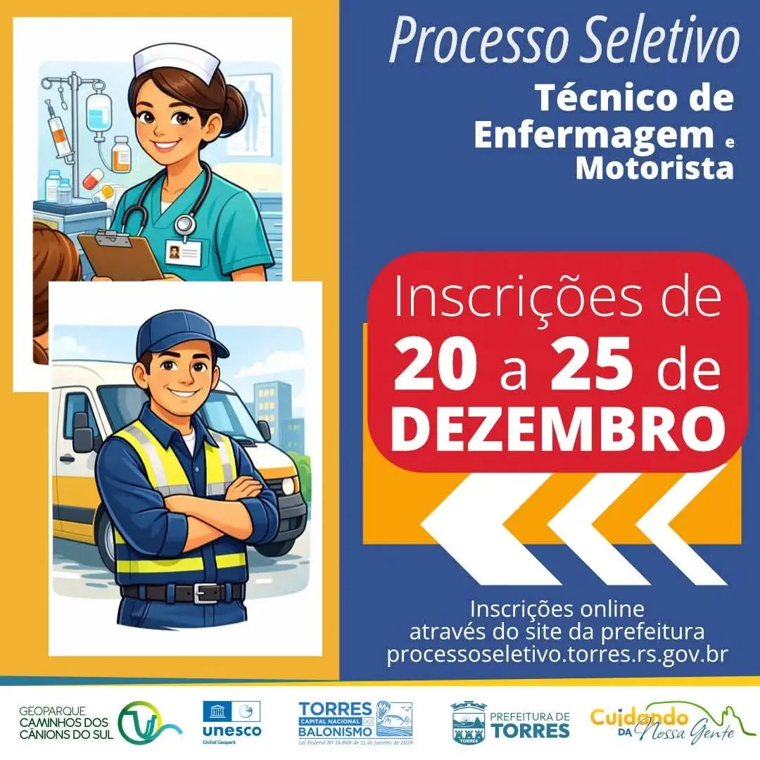 Prefeitura de Torres Abre Processo Seletivo para Técnico de Enfermagem e Motorista