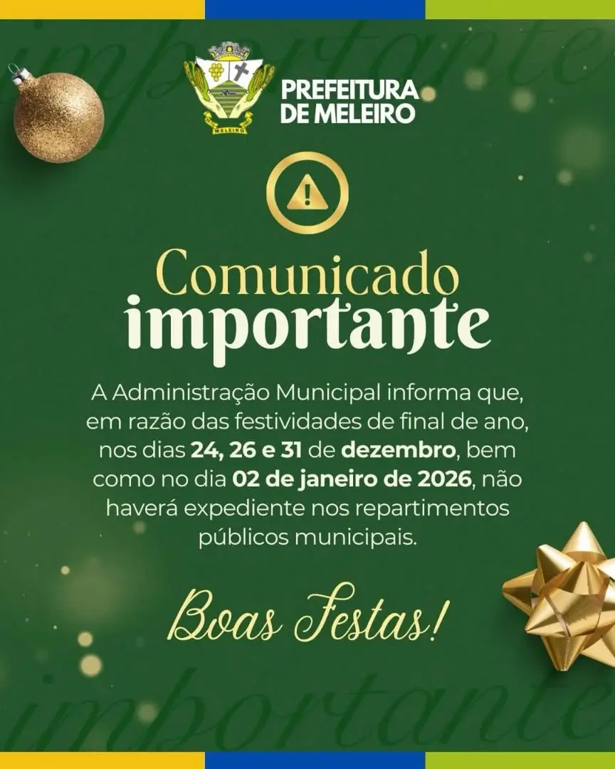 Meleiro Decreta Ponto Facultativo nos Feriados de Fim de Ano de 2025 e Início de 2026
