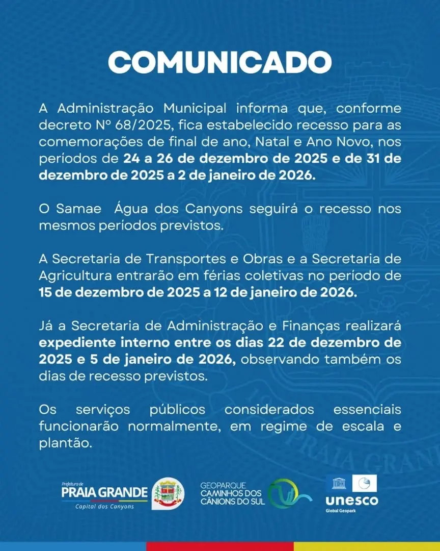 Prefeitura de Praia Grande (SC) Decreta Recesso de Final de Ano em 2025