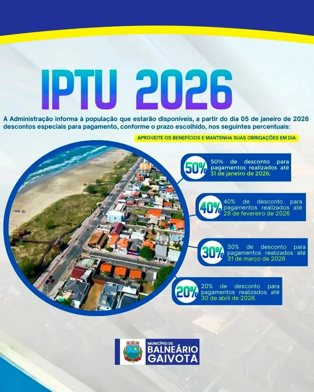 IPTU 2026 em Balneário Gaivota: Descontos Imperdíveis para Pagamento em Dia!