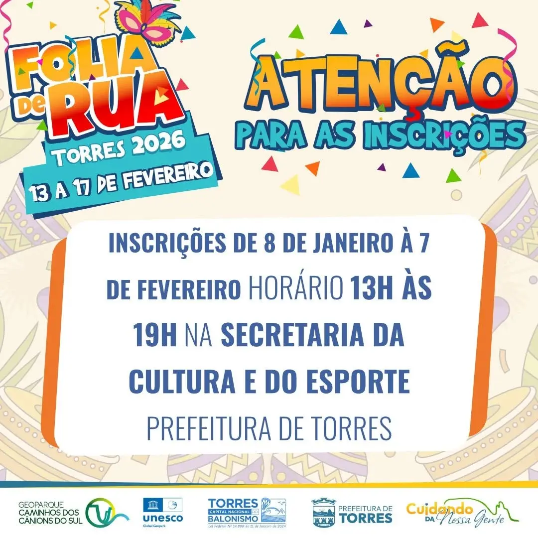Folia de Rua Torres 2026: Inscrições Abertas para a Festa Mais Esperada!