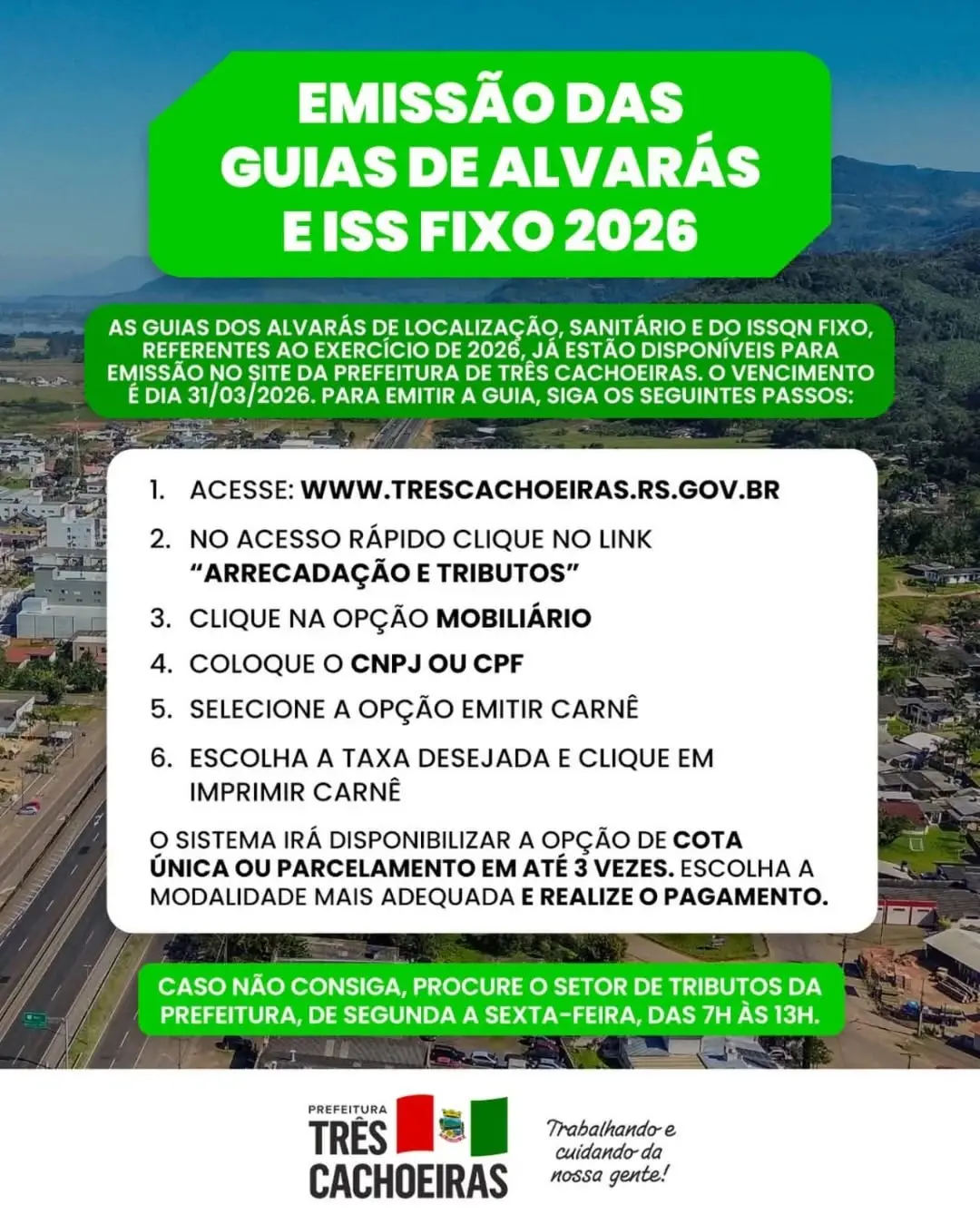 Três Cachoeiras: Guias de Alvará 2026 já estão disponíveis para emissão online