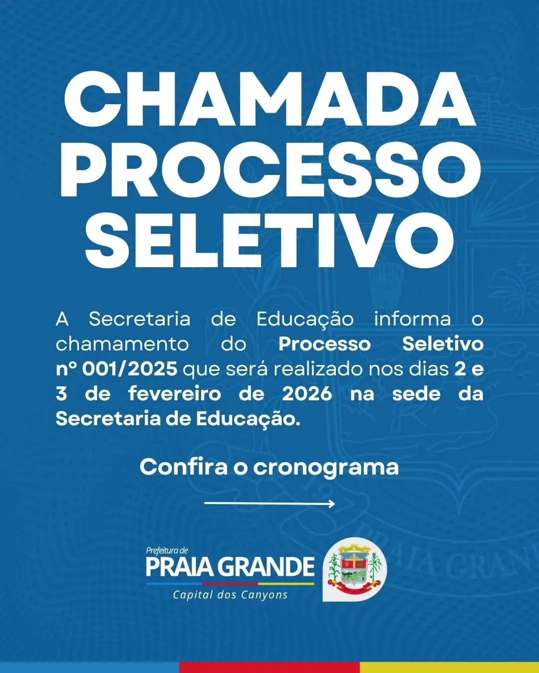 Praia Grande convoca para Processo Seletivo da Educação em fevereiro de 2026