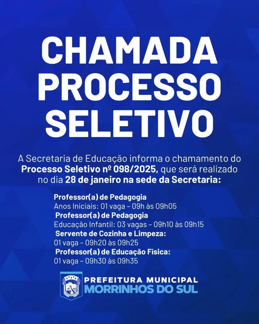 Morrinhos do Sul abre processo seletivo para Educação e Cozinha em janeiro de 2025