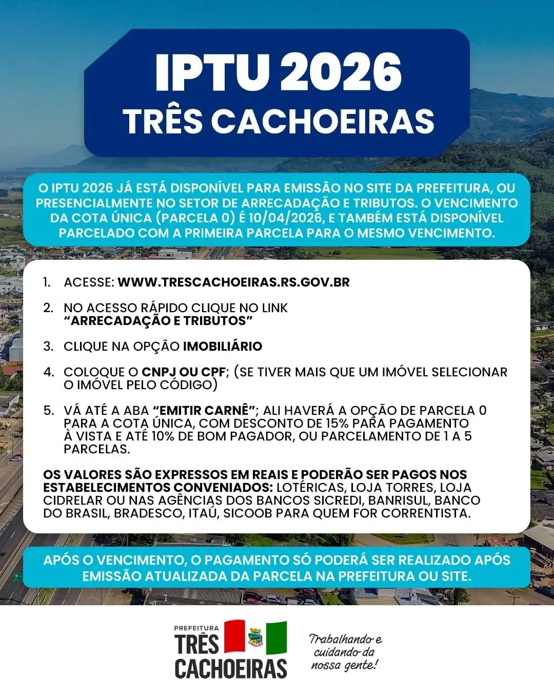 IPTU 2026 em Três Cachoeiras: Fique Atento ao Vencimento e Garanta Descontos!