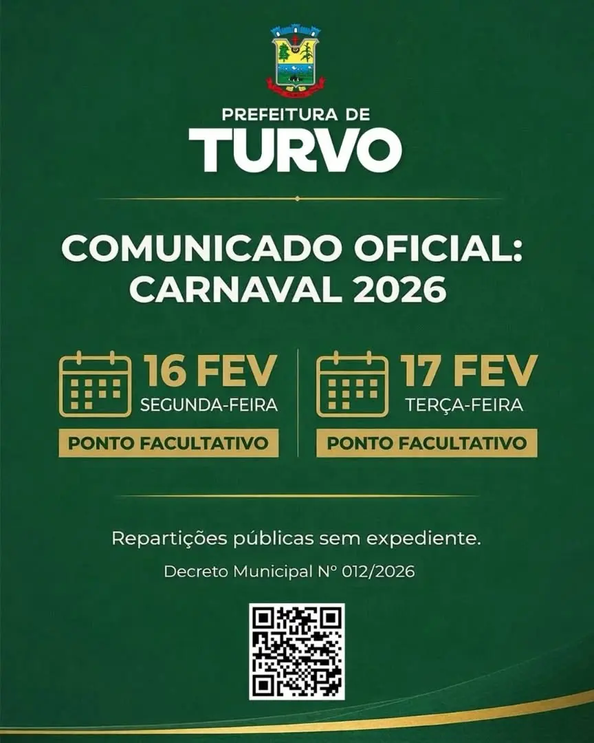 Prefeitura de Turvo Decreta Ponto Facultativo no Carnaval 2026
