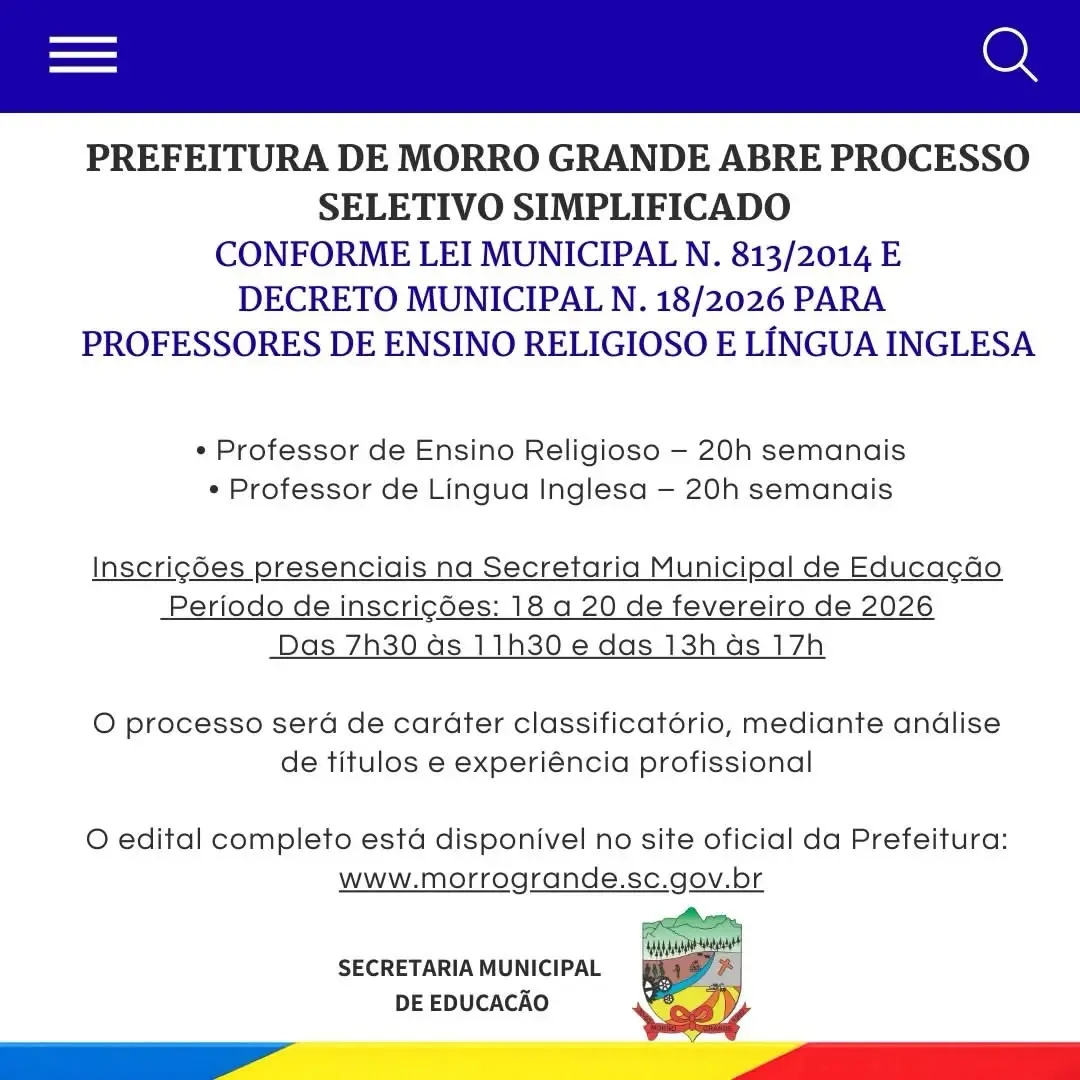 Morro Grande SC abre processo seletivo simplificado para ano letivo de 2026