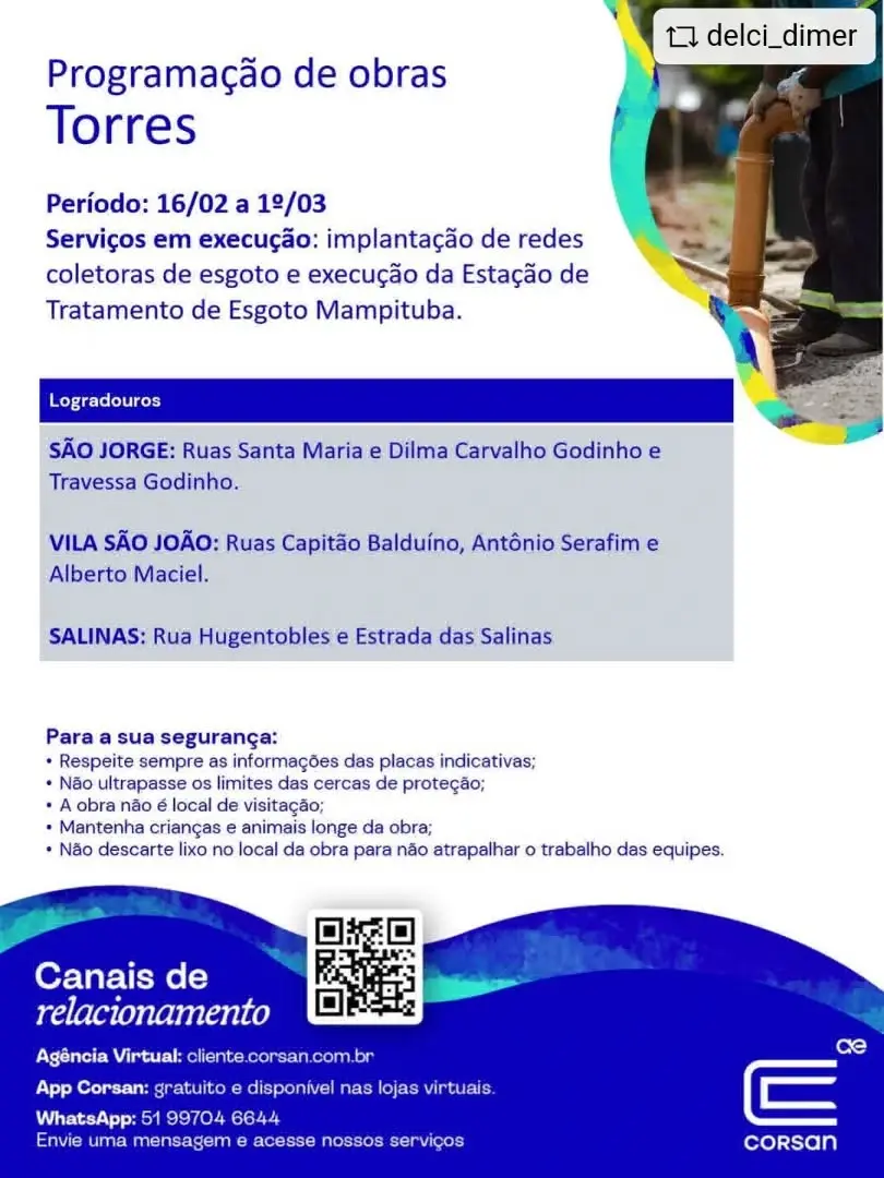 Cronograma da Corsan para Torres (RS) em 2026: Obras de Assentamento de Redes Coletoras