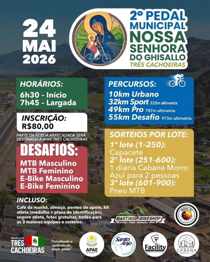 Três Cachoeiras Promove o 2º Pedal Nossa Senhora do Ghisallo com Apoio à APAE