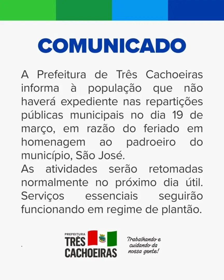 Feriado em Três Cachoeiras: Prefeitura Decreta Ponto Facultativo em Homenagem a São José