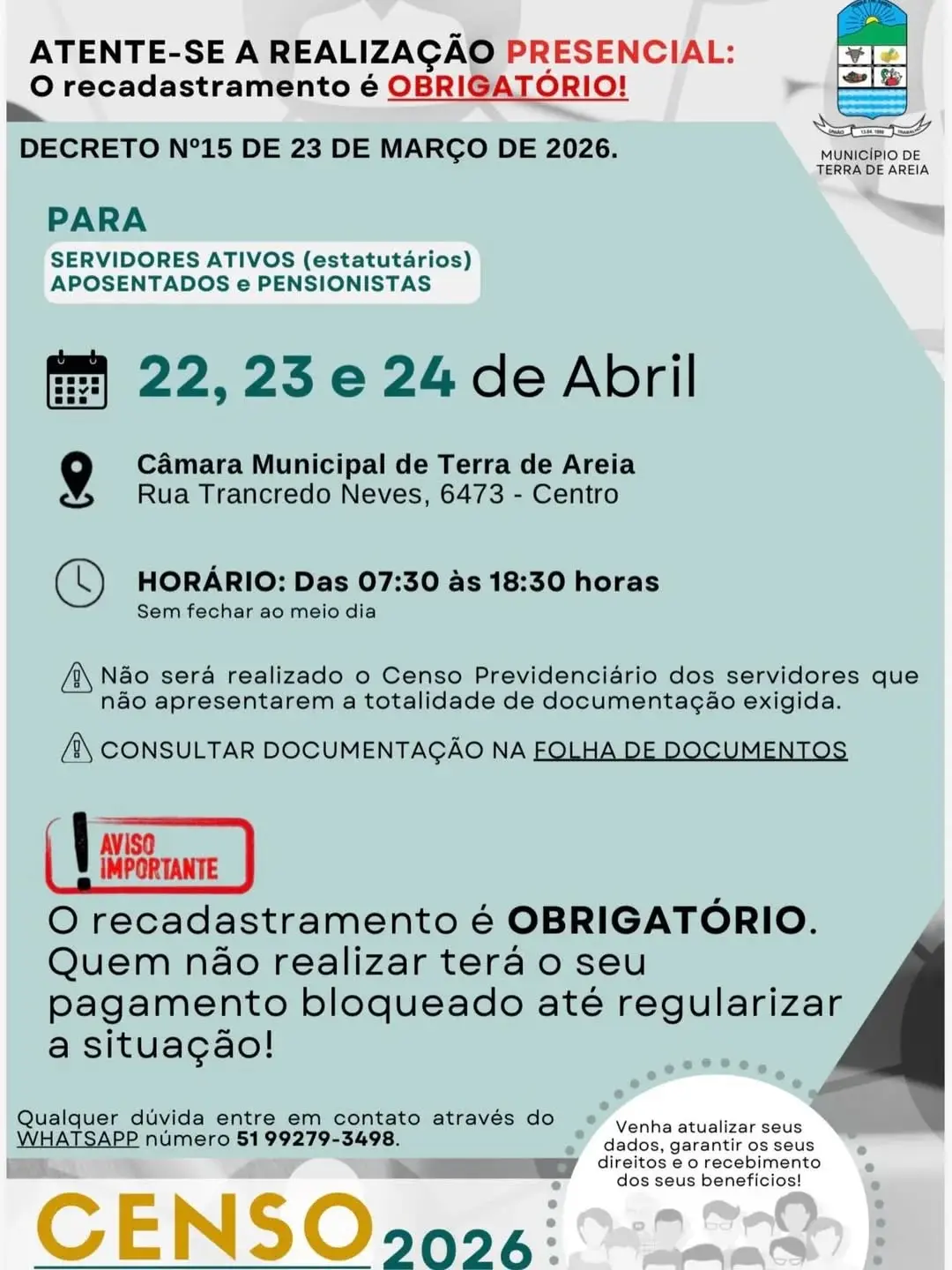 Censo Previdenciário 2026 em Terra de Areia: Servidores, Atenção ao Prazo!