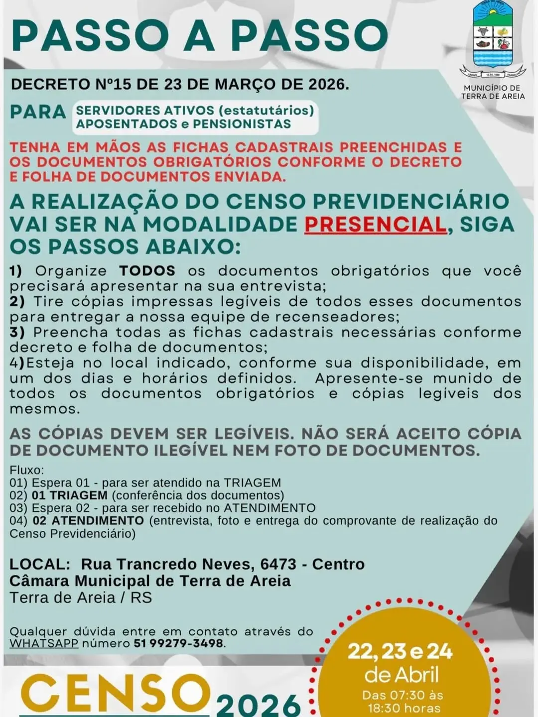 Censo Previdenciário 2026 em Terra de Areia: Servidores, Atenção ao Prazo!