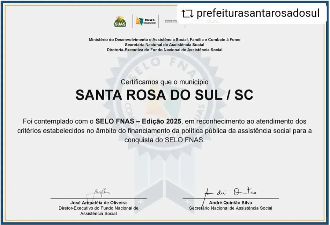 Santa Rosa do Sul Recebe Selo de Excelência em Assistência Social pelo FNAS