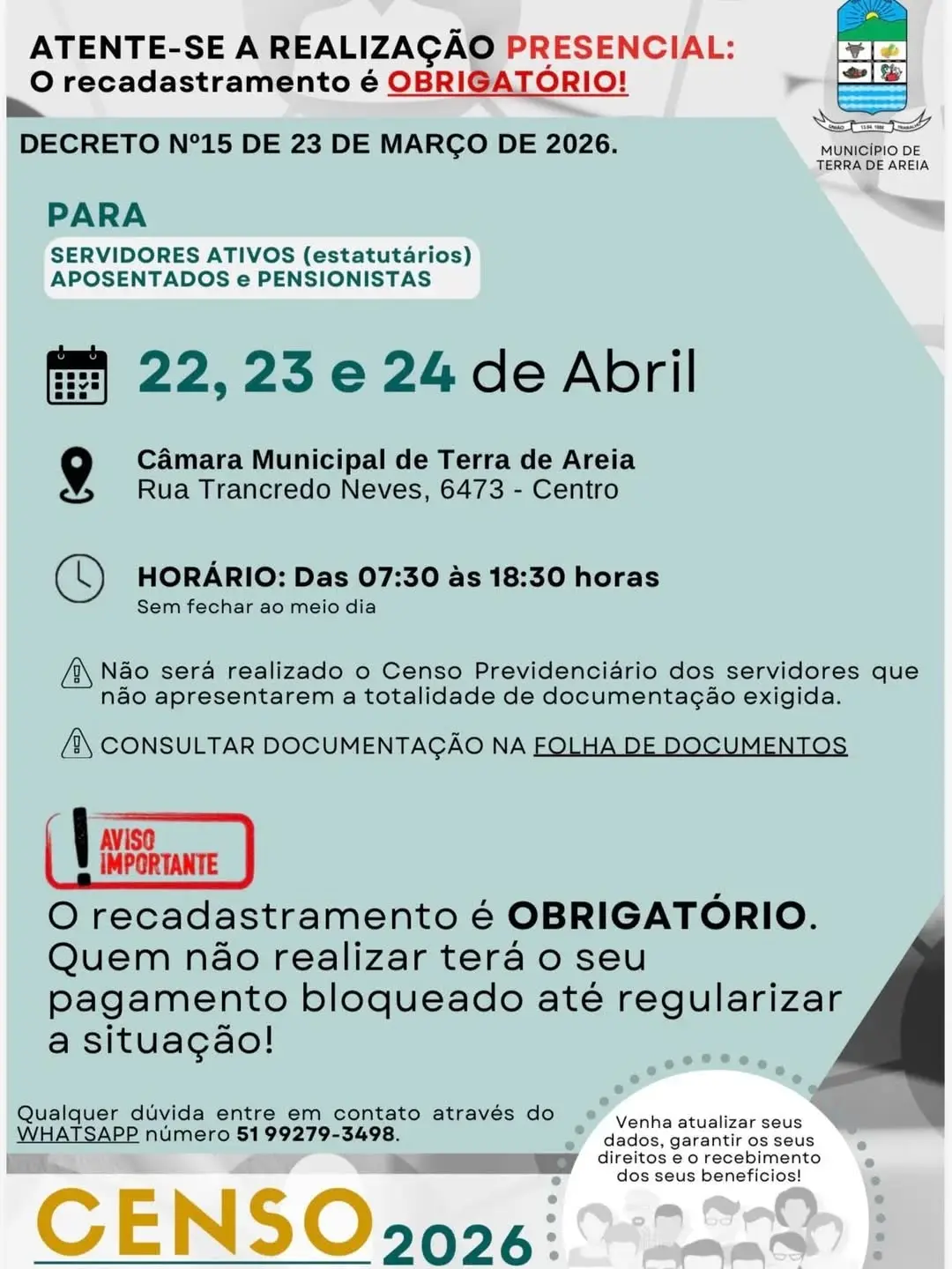 Censo Previdenciário 2026 em Terra de Areia: Recadastramento Obrigatório para Servidores